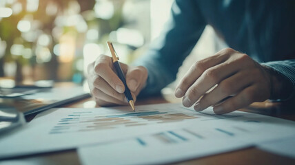 Poster - Professional working on financial reports at a desk during daytime in a bright office