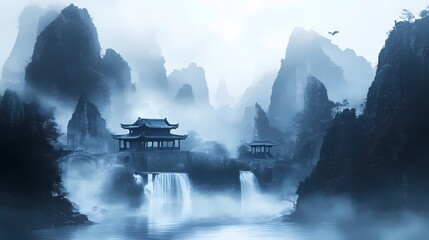 traditional blue and black waterfall landscape painting illustration poster background