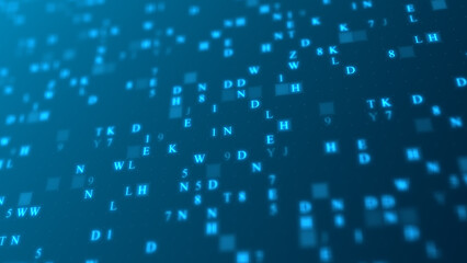 Poster - Blue glowing letters and numbers matrix abstract background, horizontal composition. Technology background.