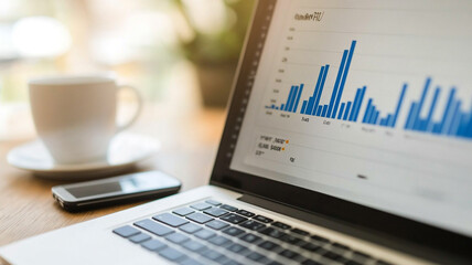 Poster - Business analyst reviewing growth metrics on a laptop with coffee in a modern workspace