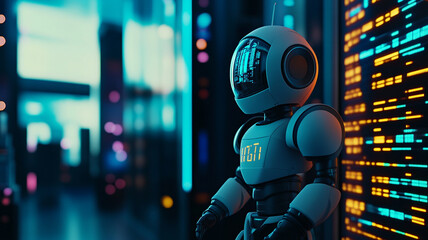 Poster - A futuristic robot stands against a vibrant digital backdrop in a high-tech business environment
