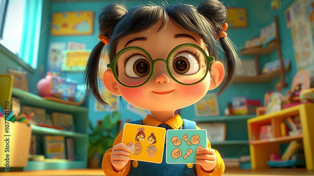 Animated 3D cartoon character using vibrant flashcards and visual aids ...