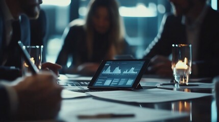 Poster - A group of business professionals are gathered around a table, reviewing data on a tablet and discussing financial performance.
