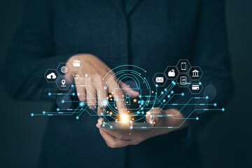Fototapete - Businessman finger touching padlock icon.Cybersecurity protection concept.Innovative digital crime prevention technology.Financial data protection financial transaction security.