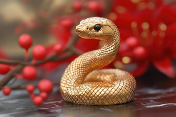 A Golden Snake Coiled on a Black Surface with Red Berries in the Background