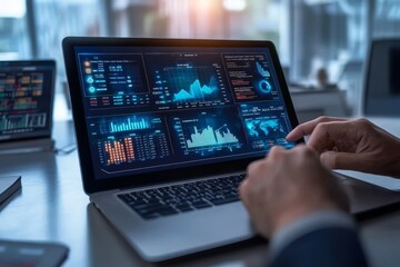 Poster - Businessman analyzing financial data on a laptop with various graphs and charts displayed on the screen.