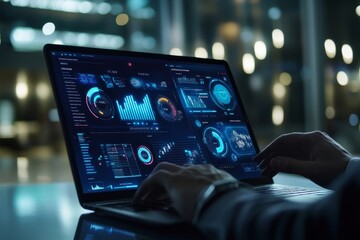 Poster - Close-up of hands typing on laptop with glowing data visualization on screen.