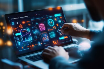 Poster - A businessman using a laptop with a futuristic user interface for analyzing data, making decisions, and managing projects.