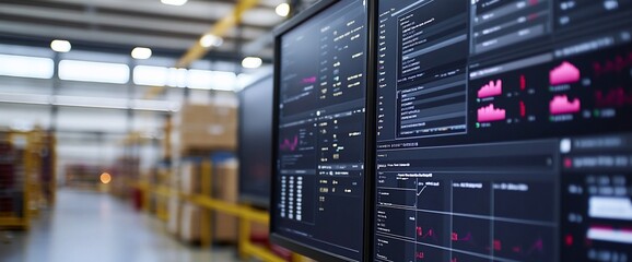 Aufkleber - A large computer monitor with multiple graphs and data on screen, in a blurry warehouse setting.