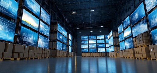 Aufkleber - A large warehouse with rows of cardboard boxes and screens displaying data.