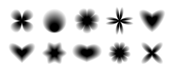 Poster - Black smooth blurred gradient form set. Grunge goth blurry aura shape collection. Fading abstract elements for poster, template, badge, sticker, collage. Vector flowers, stars and hearts pack