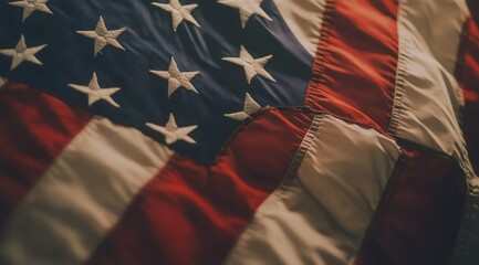 Close up of an American flag with the red and white stripes and blue field with white stars.