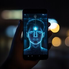 Wall Mural - Smartphone screen displaying advanced face scanning technology for secure digital identity verification and access authentication  Futuristic concept of biometric security mobile banking