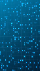 Poster - Blue glowing letters and numbers matrix abstract background, vertical composition. Technology background.