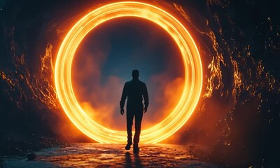 Wall Mural - a lone figure walks towards a bright circular portal in a dark, rocky landscape.