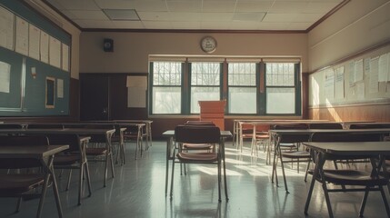 Wall Mural - Empty Classroom, Desk, Chairs, Sunlight