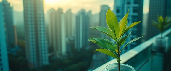 Aufkleber - A single green plant growing in a pot on a balcony with a blurred city skyline in the background.