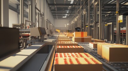 Poster - An automated production line for packaging food items, showing how machines handle the final stages of production, ensuring efficiency and high-volume output