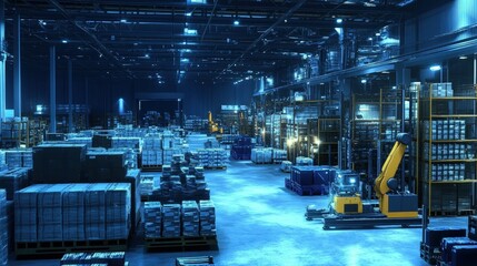 Poster - An automated warehouse with robots picking and sorting goods, illustrating the role of automation and robotics in modern production and logistics management