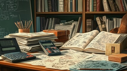 Poster - An image of a student desk covered in math textbooks, a calculator, and a pile of homework.