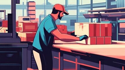 Poster - An immigrant worker at a factory line, packaging goods in an industrial setting.