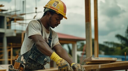 Wall Mural - An immigrant worker in a construction site, skillfully working on a building project