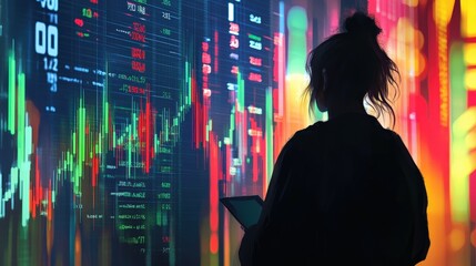 Poster - An investor analyzing a global market investment chart showing international stocks, bonds, and currency fluctuations.