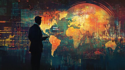 Poster - An investor analyzing a global market investment chart showing international stocks, bonds, and currency fluctuations.