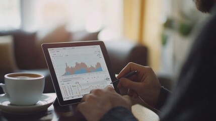 Poster - An investor reviewing their stock portfolio at home on a tablet, while sipping coffee.