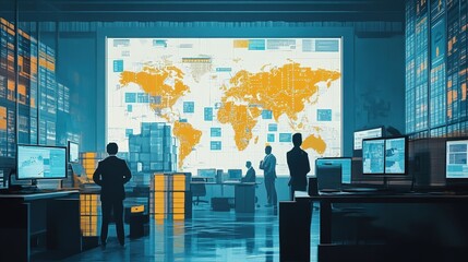 Poster - An office with economists and trade policy experts analyzing the potential consequences of raising tariff walls between two countries.