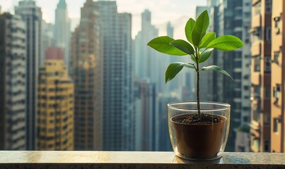 Poster - A small plant in a glass pot on a balcony overlooking a city skyline.