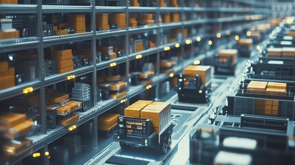 Poster - Automated warehouse system with robots sorting and organizing packages, optimizing the storage and retrieval process for logistics