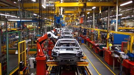 Poster - Automotive assembly line with vehicles being assembled in stages, robotic arms placing parts with precision in a coordinated flow