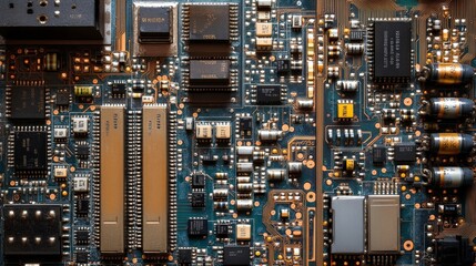 Poster - Close-up of a circuit board with intricate wiring and microchips, showcasing the foundation of modern electronics and technology