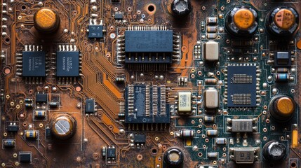Poster - Close-up of a circuit board with intricate wiring and microchips, showcasing the foundation of modern electronics and technology