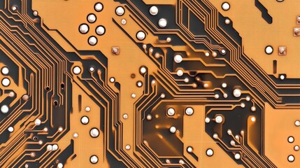 Poster - Close-up of a circuit board with intricate wiring and microchips, showcasing the foundation of modern electronics and technology