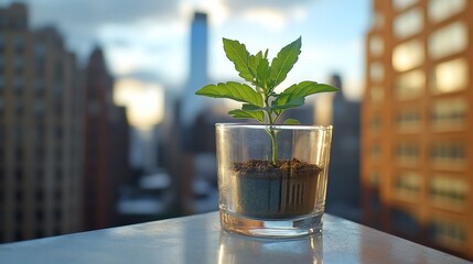 Poster - A small plant in a glass with soil, growing against a backdrop of city buildings.
