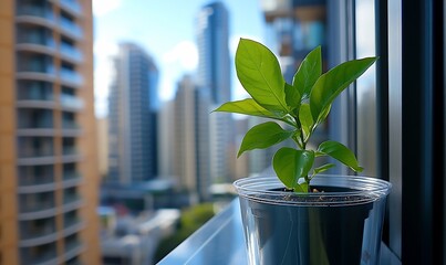Poster - A small plant in a plastic pot sits on a window sill with a cityscape view in the background.