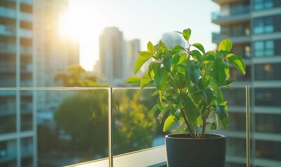 Poster - A small potted plant sits on a balcony overlooking a city skyline at sunset.