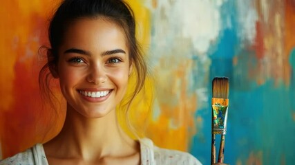 Wall Mural - Cheerful Young Woman Smiling with Paintbrush Against a Colorful Abstract Painted Wall Showcasing Artistic Creativity and Passion for Art