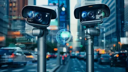 Poster - futuristic security cameras monitoring urban traffic in a city generative ai