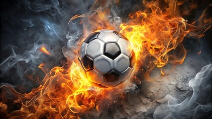 A fiery soccer ball ignites with passion and intensity, surrounded by smoke and flames, against a textured dark backdrop.