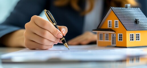 Aufkleber - A woman's hand is signing a document, with a model home beside it.