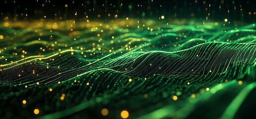 Poster - Abstract green and gold flowing digital data waves with bokeh effect.