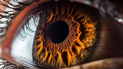 Close-up macro photograph of a human eye with visible iris details and eyelashes.