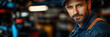 © oppdowngalon - Focused Automotive Technician with Blue Eyes in Dark Workshop Environment