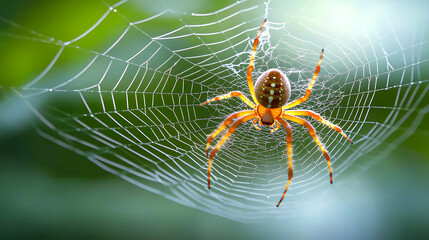 macro shot of spider weaving its intricate web in lush forest, showcasing delicate details and vibrant colors of nature