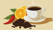 © INT888 - coffee cup with chocolate, chili pepper, and citrus fruits creates vibrant and flavorful composition. warm tones evoke sense of comfort and indulgence