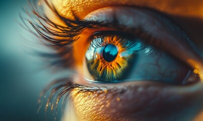 Poster - Close-up of a woman's eye with long eyelashes, showing the intricate details of the iris and pupil.