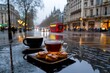 © Sanchai - A cozy cafÃ© in London with people enjoying tea and pastries by the window on a rainy day